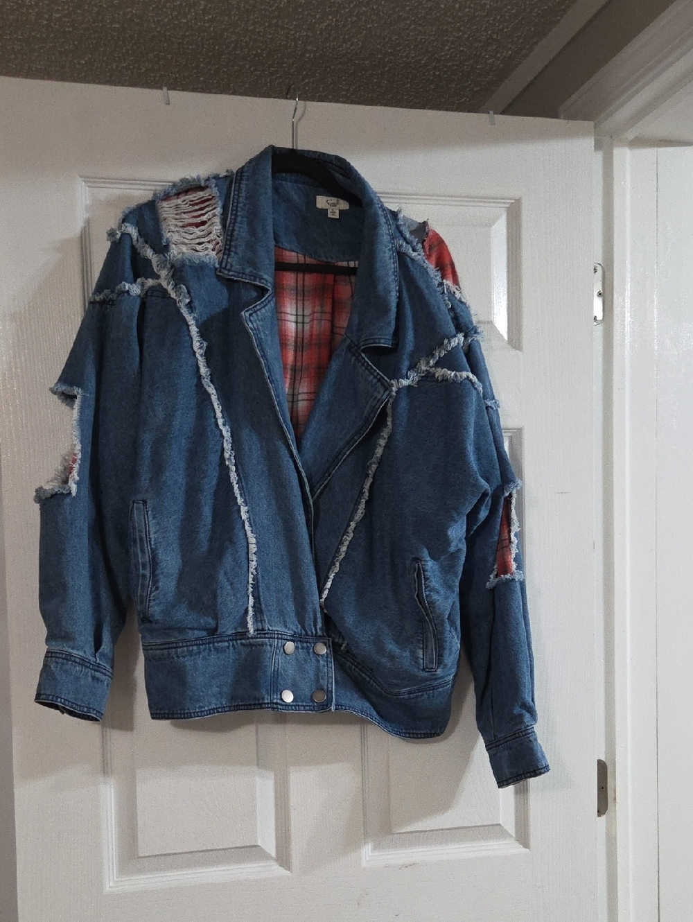 Denim jacket, Easel by Elan, distressed patchwork style with frayed details